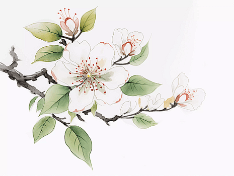 中国风古风水墨画工笔画国画禅意梨花树枝树叶植物插画