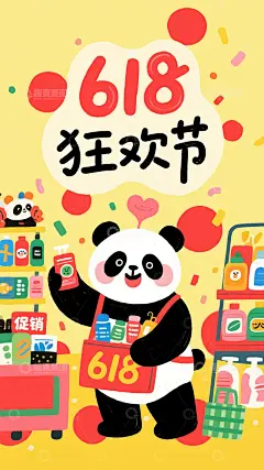 618购物狂欢节熊猫简约风黄色背景高清模板免费下载-趣麦麦图