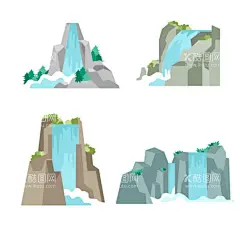 瀑布   - 源文件下载【酷图网】瀑布,卡通,手绘,风景,大自然,水流,山水风光,跌水,垂直跌落,垂水,流动的河水