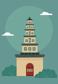 山西省临汾铁佛寺建筑矢量插画