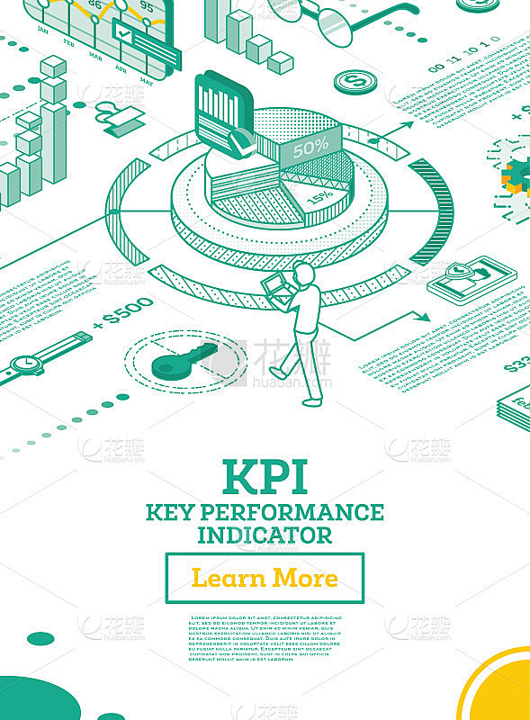 KPI关键性能指标。矢量插图。企业绩效战略与分析的等距概念。
