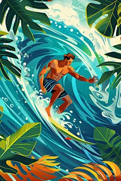 扁平风冲浪夏天运动插画