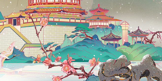 中国风   仙鹤 冬季 古风 国潮 建筑...
