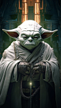 The epic 3D portrait of Yoda, dressed in white Assassin's Creed attire and adorned with gorgeous and surreal intricate details, wide-angle view, Half body composition, shiny cinematic, artstation