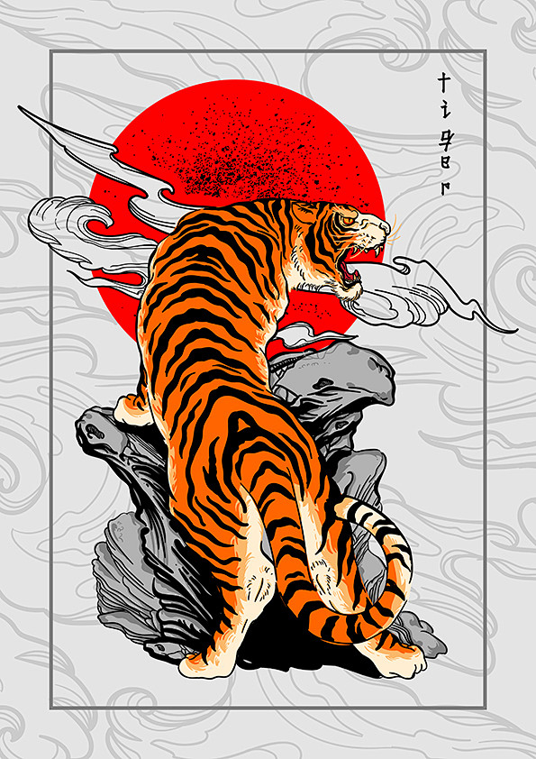 东方日式传统老虎插画矢量素材