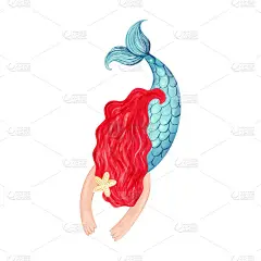 红色头发的可爱美人鱼。手绘水彩矢量插图