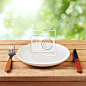 Empty plate on wooden table over garden bokeh background #陶器 / 碗碟 / 瓷器#