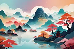 禅意古风国潮山水插画背景图