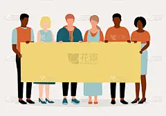各种各样的年轻人举着一个空白的矩形标志。通知和公告。