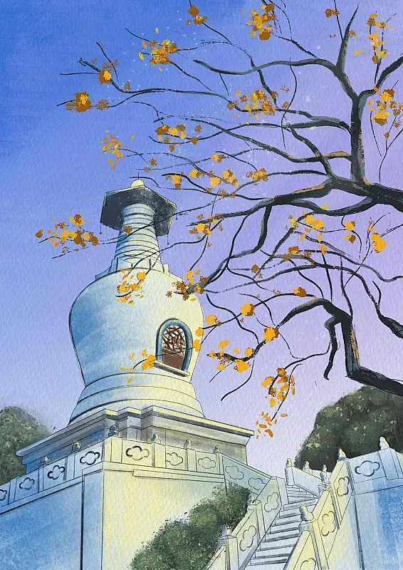 江苏扬州瘦西湖白塔水彩插画 中国