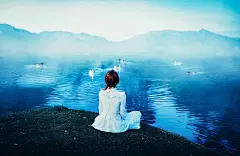女人,后面的,妇女,白色,穿衣,红发的人,Bokeh,湖,壁纸,