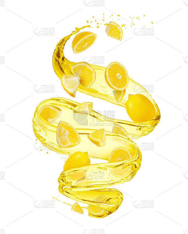 柠檬与果汁溅成旋涡形状，孤立在白色背景