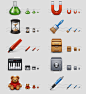 icons - flask, magnet, sand glass, brush, marker, drawer, midi, safe, teddy bear, pen 