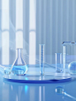 https://s.mj.run/xg6fTKvK89Y A blue minimalist lab scene with a circular transparent stage on the table top. Behind is a test tube filled with liquid, the whole picture is white. Translucent Hydrogen bridge bonding floats in the air, creating a profession