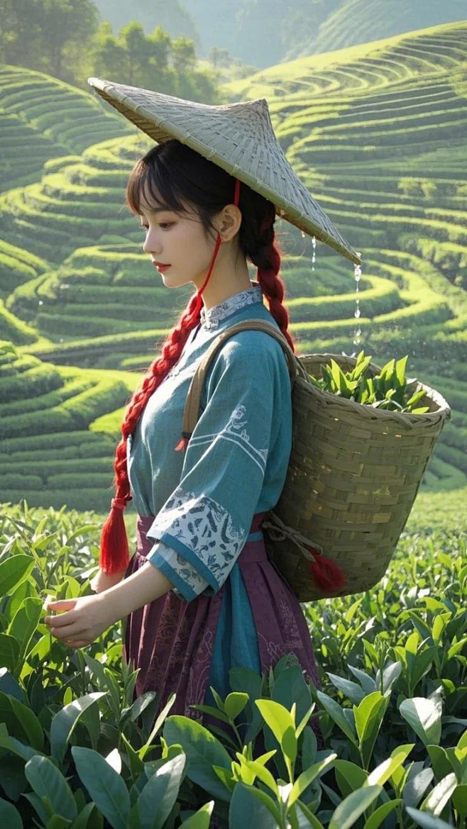 人物中景侧身视角，麻花辫红绳随动作扬起，竹斗笠边缘露出发梢细节，斜挎竹篓装满新鲜茶叶，背景虚化的梯田呈现曲线美感，3D材质表现布料的扎染纹理与 ...