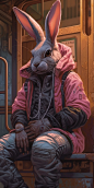 a rabbit gangstar, hip-hop culture, Bad bunny, full body shot, exaggerated perspectives, depictions of urban life, in the style of intricate and bizarre illustrations by glenn fabry