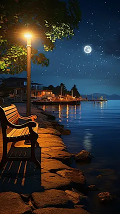 夜景路灯椅子简约山水树木壁纸