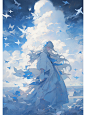 The white long-haired teenager practiced drawing and chopping, blindfolded by white cloth, the ocean in flight abstract digital art, in the style of john anster fitzgerald, sky-blue and white, the stars art group (xing xing), eric canete, pierre huyghe, s