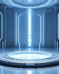 a futuristic round platform on an empty futuristic futuristic room stock photo, in the style of light blue and silver, contest winner, computer-aided manufacturing, rtx, screen format, energy-charged, theatrical