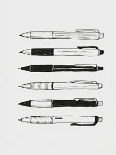 手绘风格简笔画，六支不同配色、不同样式、不同材质的笔整齐排列在白色背景上，线条简洁流畅，带有速写感的笔触，每支笔旁配有自然的线条笔触效果，整体风格统一为黑白手绘插画，画面干净整洁，视觉层次清晰，展现出文具的多样形态与艺术感。