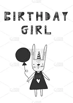 生日女孩-可爱的手绘儿童卡片野兔女孩和字母与民间艺术装饰在斯堪的纳维亚风格。