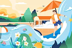 卡通夏季夏天大暑假小暑夏至节气度假娱乐休闲生活青年学生青年节朋友看海度假比基尼游泳池渐变矢量插画插画图片素材