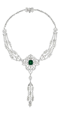 An Impressive Diamond and Emerald Necklace:  Set to the front with an open-work vari-cut diamond plaque, centering upon a square cut Colombian emerald weighing approximately 6.01 carats, suspending a marquise-cut diamond weighing approximately 2.37 carats