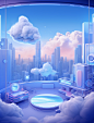 a blue environment with a tv, speakers and tv, in the style of dreamy, romanticized cityscapes, rounded, uhd image, ue5, pop-inspired, smokey background, lively illustrations