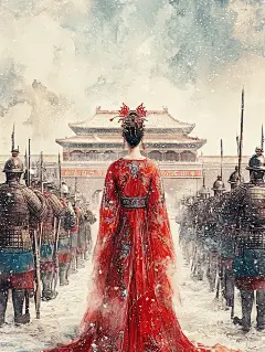武则天皇后站在雄伟的紫禁城前，身披盔甲的士兵在两侧列队，戴着