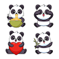 Free vector collection of handdrawn baby pandas eating noodles playing pickaboo holding heart and twig
