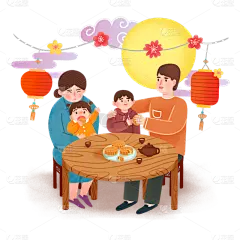中秋节手绘人物插画-家庭聚会