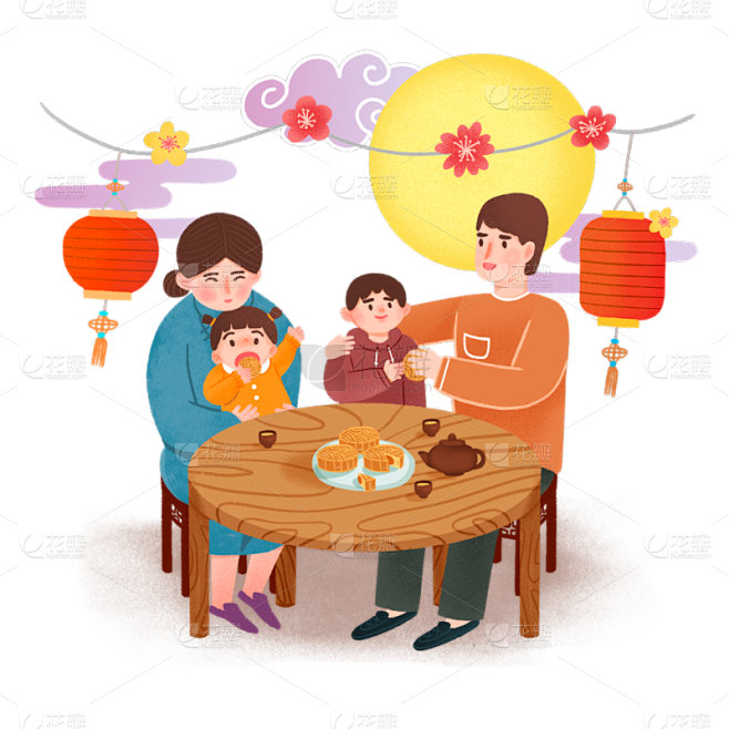 中秋节手绘人物插画-家庭聚会