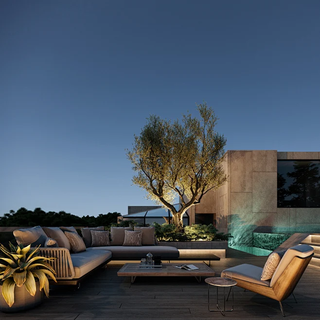 3D architecture exterior luxury modern night view realistic Render ter ...