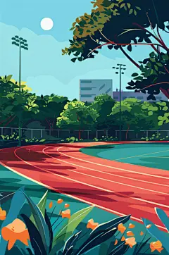 AI数字艺术扁平风校园球场操场插画-众图网