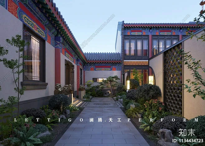 中式四合院花园景观效果图欣赏_【知末效果图】-花瓣网