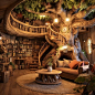 This may contain: a living room filled with furniture and a spiral staircase next to a large tree trunk