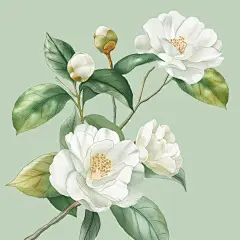 Illustration of white camellias on light green background, high resolution, watercolor style