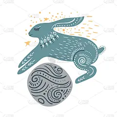向量幼稚的插图。手绘兔子跳过星球。