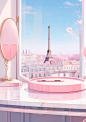 a pink mirror sitting next to a vanity with a window and a white tile, in the style of romanticized cityscapes, playful animation, konica big mini, captivating, fairytale-inspired, 8k resolution, paris school