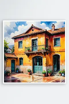 手绘油画老房子四合院插画-众图网