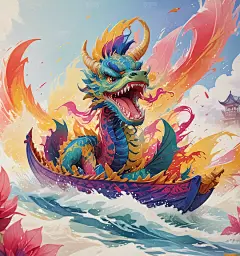 端午龙舟比赛热闹场面手绘插画
