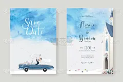 请柬,贺卡,新婚夫妇,婚礼,模板,图像,敞篷车,蓝色,驾车