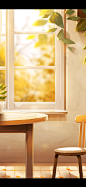 a table with chairs, in the style of minimalist backgrounds, windows vista, realistic and naturalistic textures, light yellow and light brown, duy huynh, uhd image, detailed foliage