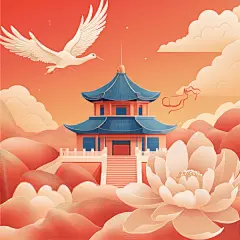 AI，古建筑，渐变色，插画，背景，壁纸，