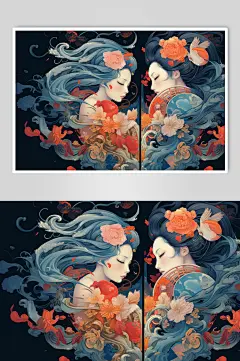 AI数字艺术手绘女孩国潮风孔雀插画