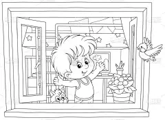 一个温暖的早晨，小男孩在他的育婴室的一个开着的窗户边做体操，在一个涂色的书页上画着黑白的图片说明