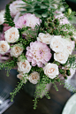 Lavender, ivory, and green floral centerpiece ⎪Paola Colleoni⎪see more on:  http://burnettsboards.com/2015/07/organic-forest-fern-tablescape/