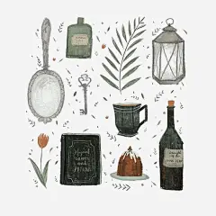 文艺物品_新图网 https://ixintu.com 插画 手绘 卡通 酒 镜子 灯 书
