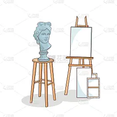 绘画用艺术材料、画架和帆布。大卫的石膏头。用颜料在帆布上画画。孤立的对象，设计元素，打印，矢量插图。