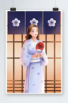夏日祭日本风情和服人物插画-众图网